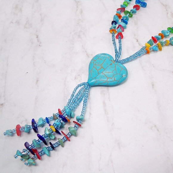 Turquoise Heart Stone Necklace with Multi Color Stones and stone beaded tassel. - Picture 5 of 8